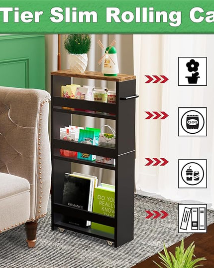 MARTY Rolling Storage Cart 4-Tier Black Kitchen Cart on Wheels, Slim Storage Cart with Handle Slide Out Utility Cart Shelving Unit Organizer Trolley for Laundry Narrow Places Bathroom Small Corner - LeafyLoom