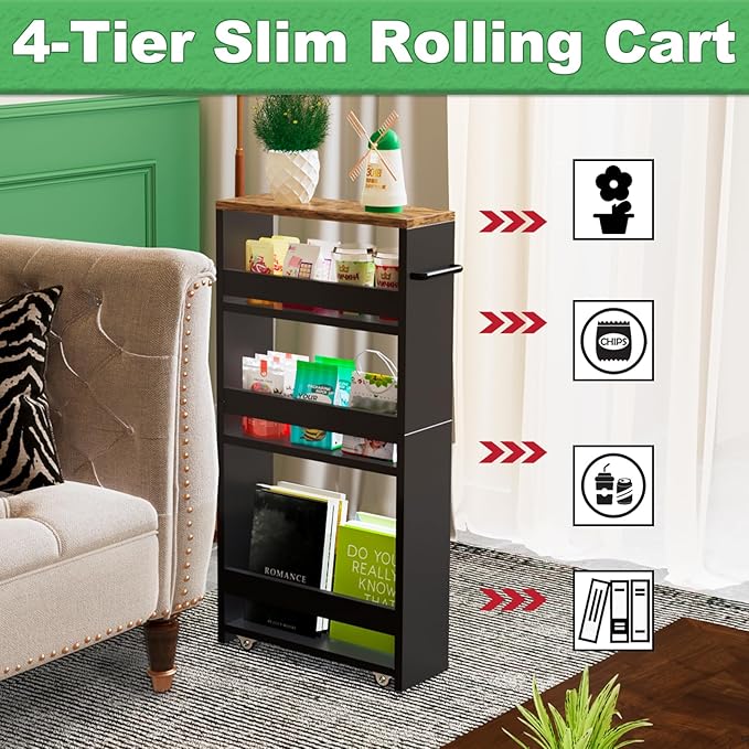 MARTY Rolling Storage Cart 4-Tier Black Kitchen Cart on Wheels, Slim Storage Cart with Handle Slide Out Utility Cart Shelving Unit Organizer Trolley for Laundry Narrow Places Bathroom Small Corner - LeafyLoom