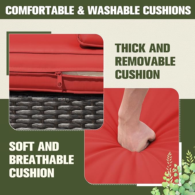 Greesum 2 Piece Patio Conversation Set Wicker Rattan Furniture Outdoor Sofa with Cushions,Pillows and Glass Table for Porch,Lawn and Yard, Red - LeafyLoom