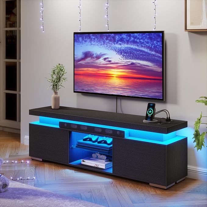 YITAHOME TV Stands for Living Room, 65 55 50 inch TV Stand, Modern Entertainment Center w/Power Outlets, LED Television Stands with Storage, Wood TV Stand, Gaming Media Stand, Black - LeafyLoom