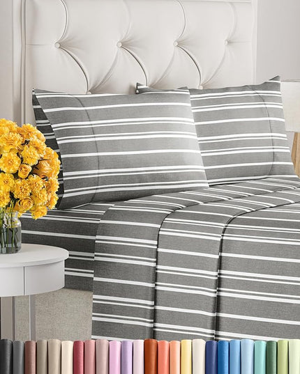 King Size 4 Piece Sheet Set - Comfy Breathable & Cooling Sheets - Hotel Luxury Bed Sheets for Women & Men - Deep Pockets, Easy-Fit, Soft & Wrinkle Free Sheets - Grey Stripes Oeko-Tex Bed Sheet Set - LeafyLoom