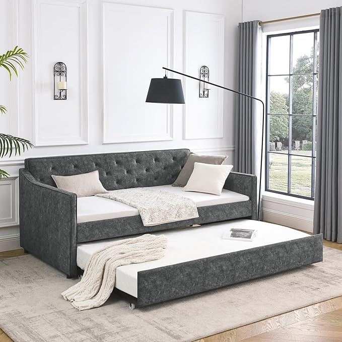 Size Upholstered Daybed with Twin Trundle, Solid Wooden Bed Frame w/Button Tufted Backrest and Waved Shape Arms, No Spring Box Need, for Kids, Bedroom, Dorm, Grey-4 - LeafyLoom