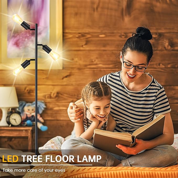 Industrial Floor Lamp, Standing Lamp, Tree Floor Lamp with 3 Adjustable Rotating Lights, E26 Edison Bulb Floor Lamp for Living Room, Bedroom, Home, Office(Bulb not Included) (Black) - LeafyLoom