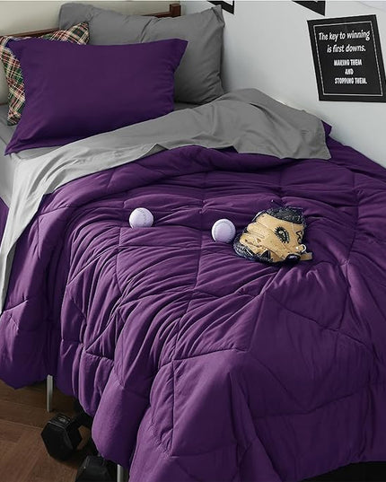 Bedsure Purple Twin XL Comforter Sets - 5 Pieces Reversible Twin XL Bedding Sets, Bed Sets Comforters, Sheets, Pillowcase & Sham, Grey XL Twin Bed in a Bag for College - LeafyLoom