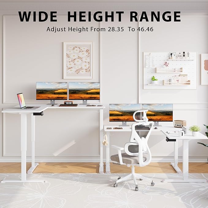 L-Shaped Electric Standing Desk, 63 x 55 Inches Height Adjustable Coner Table, Home Office Computer Workstation, White, 63 x 55 Inch - LeafyLoom