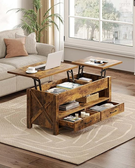 Seventable Coffee Table, 47.2" Lift Top Coffee Table with 2 Storage Drawers and Hidden Compartment, Farmhouse Center Table with Wooden Lift Tabletop, for Living Room,Rustic Brown - LeafyLoom