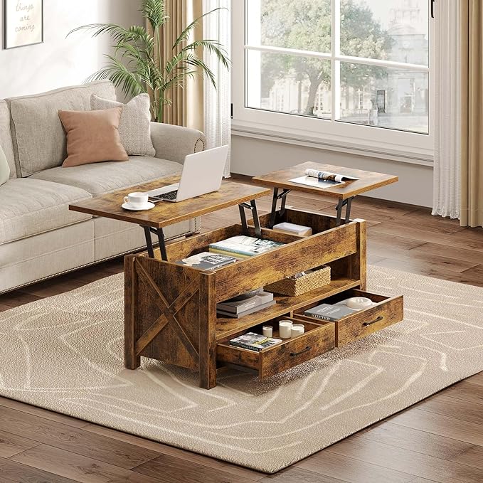 Seventable Coffee Table, 47.2" Lift Top Coffee Table with 2 Storage Drawers and Hidden Compartment, Farmhouse Center Table with Wooden Lift Tabletop, for Living Room,Rustic Brown - LeafyLoom