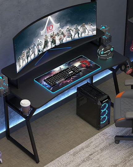Gaming Desk, Computer Desk with Large Monitor Stand and Open Shelf,Gamer Table Workstation with Cup Holder, Headphone Hook, 2 Speaker Stand for Home Office (Black Carbon Fiber) - LeafyLoom