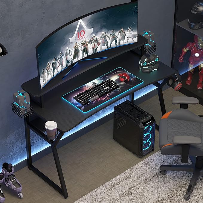 Gaming Desk, Computer Desk with Large Monitor Stand and Open Shelf,Gamer Table Workstation with Cup Holder, Headphone Hook, 2 Speaker Stand for Home Office (Black Carbon Fiber) - LeafyLoom