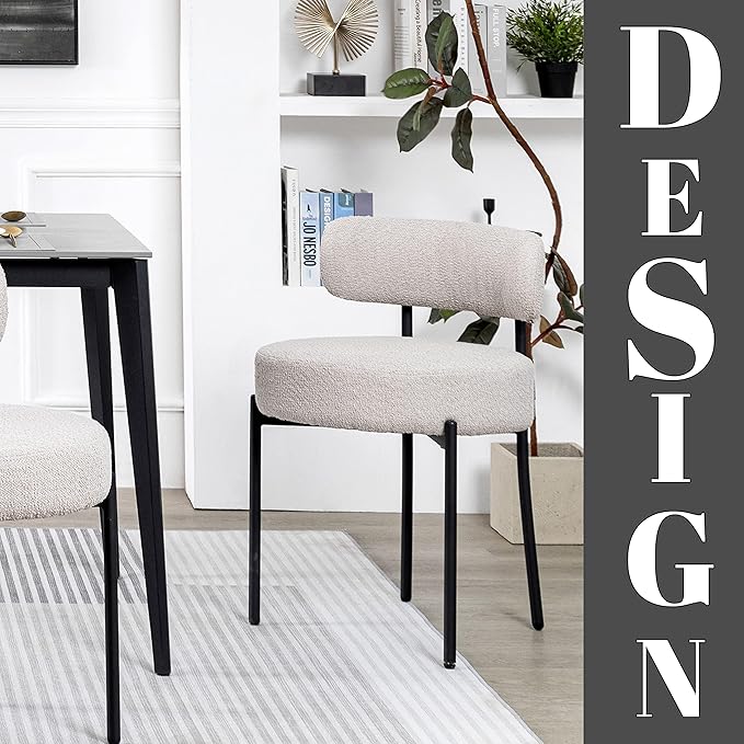 DYHOME Light Grey Dining Chairs Set of 4, Modern Dining Room Chairs Mid-Century, Round Upholstered Kitchen Chairs with Black Metal Legs, Boucle Sherpa Dining Chair - LeafyLoom
