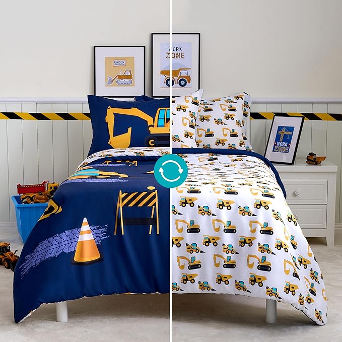 Joiedomi Kid Twin Comforter Set - 5 Piece Construction Vehicle Bedding Set for Boys/Girls - Super Soft Microfiber Bed in a Bag with Comforter, Sheets, Pillowcase & Sham - LeafyLoom