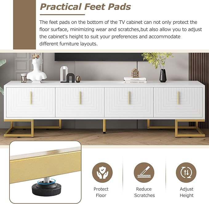 Merax Modern Stand with Metal Legs, Gold Handles, Geometric Lines and Adjustable Shelves for TVs Up to 80'' Media Console Table, Luxury Storage Cabinets for Living Room, 70.8" Length, White - LeafyLoom