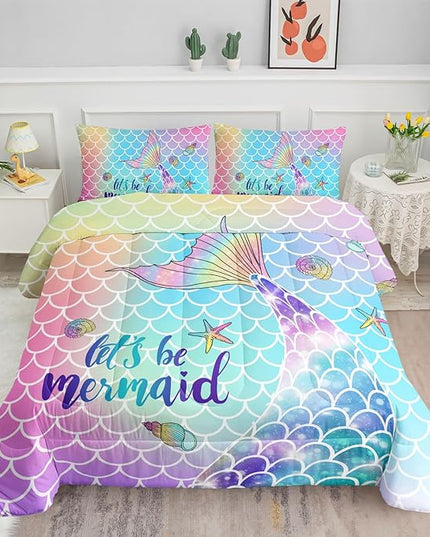 Datura home Bedding Comforter Set Rainbow Scales Mermaid Printed Pattern Bedding Set with 1 Comforter and 2 Pillowcases for Girls Bedroom All Season(Rainbow Scales Mermaid Queen), 90x90inches - LeafyLoom