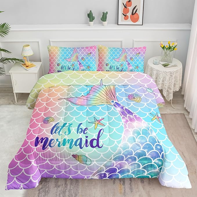 Datura home Bedding Comforter Set Rainbow Scales Mermaid Printed Pattern Bedding Set with 1 Comforter and 2 Pillowcases for Girls Bedroom All Season(Rainbow Scales Mermaid Twin), 68x86inches - LeafyLoom