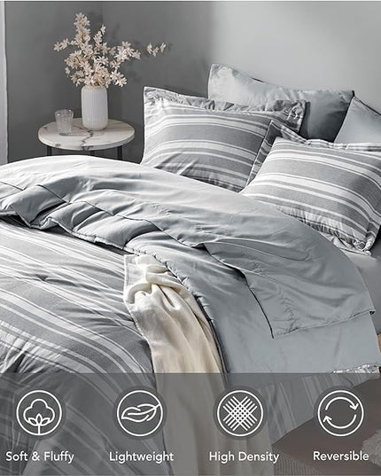 Queen Size Bed in a Bag, Full Bedding Sets, Modern Farmhouse Grey and White Striped Comforter with Sheets, 7-Piece Complete Bedroom Set - LeafyLoom