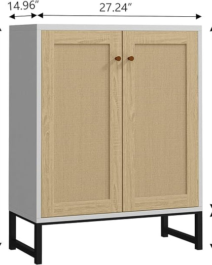 Panana Rattan Decorated 2 Doors Storage Cabinet Accent Cabinet Living Room Cupboard Kitchen Sideboard Buffet Table (White) - LeafyLoom