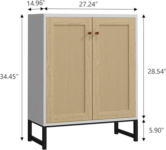 Panana Rattan Decorated 2 Doors Storage Cabinet Accent Cabinet Living Room Cupboard Kitchen Sideboard Buffet Table (White) - LeafyLoom