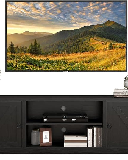 Panana Modern Farmhouse TV Stand, Entertainment Center for 70 inch TV with 2 Doors and Open Shelves for Living Room, Bedroom (Black, 65 inch) - LeafyLoom