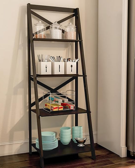 Lavish Home 4-Tier Ladder Bookshelf Set – Set of 2 Free Standing Wooden Living Room Shelves – Decorative Bookcases for Home and Office (Black) - LeafyLoom