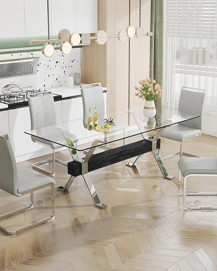Rectangular Table with Tempered Glass Tabletop,Modern Dinner Desk W/Metal Tubular Legs, Home,Kitchen,Dining Room,Office,Silver, 79" Black Crossbars - LeafyLoom