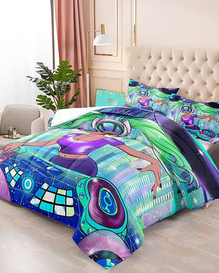 African American Comforter Sets for Girls, Full Size Comforter Set for Girls with Cool DJ Girl Pattern Soft Microfiber 3 Piece Quilt Set Green Pretty Girl Bedding Comforter Set with 2 Pillowcases - LeafyLoom
