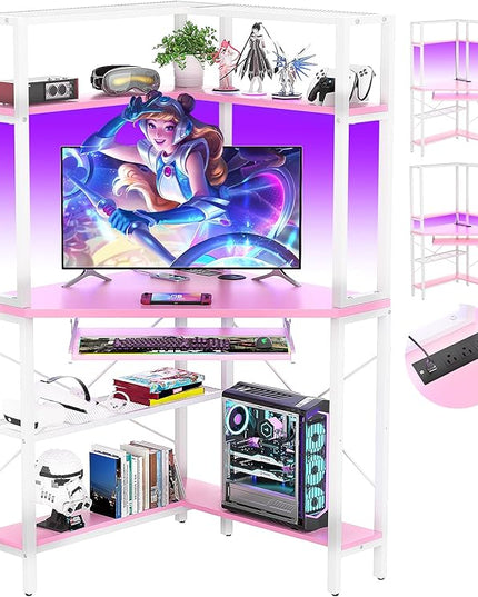 Cyclysio Small Corner Desk with Hutch, Corner Gaming Desk with LED Light & Power Outlets, Computer Desk with Keyboard Tray, Triangel Desk for Small Space, Home Office, Workstation, Pink - LeafyLoom