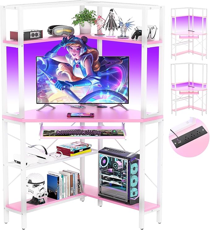 Cyclysio Small Corner Desk with Hutch, Corner Gaming Desk with LED Light & Power Outlets, Computer Desk with Keyboard Tray, Triangel Desk for Small Space, Home Office, Workstation, Pink - LeafyLoom