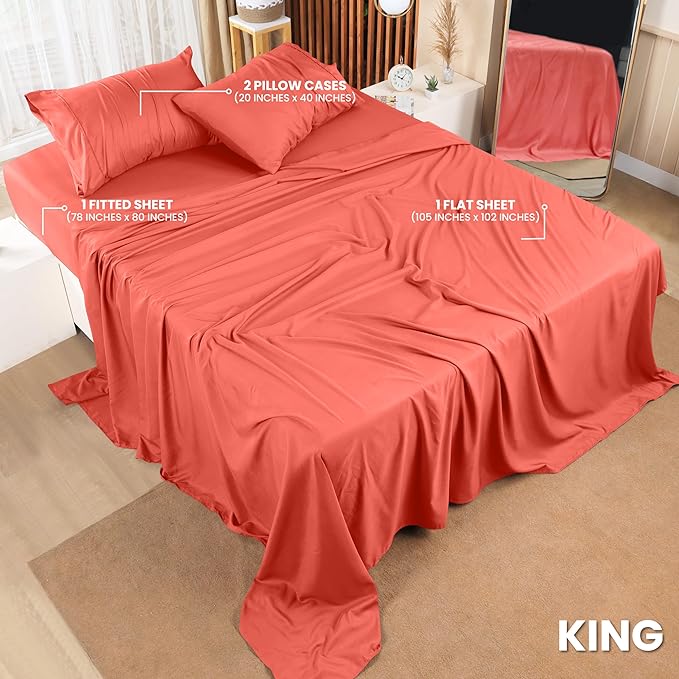 Utopia Bedding King Bed Sheets Set - 4 Piece Bedding - Brushed Microfiber - Shrinkage and Fade Resistant - Easy Care (King, Coral) - LeafyLoom