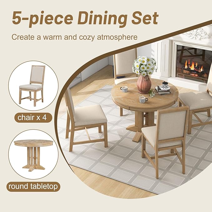 Farmhouse 5-Piece Dining Set, Included Retro Extendable Round Table with X-Shape Base and 4 Upholstered Chairs, Solid Wood Adjustable Dinette Furniture for Kitchen, Living Room, Natural+Beige - LeafyLoom