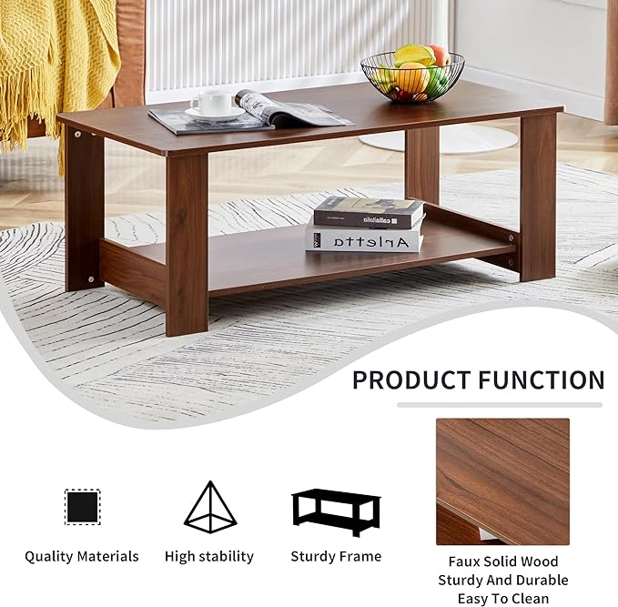 Farmhouse Wood Coffee Table - Boho Tea Table with Storage Shelf, Rectangle Center Table Wood Look Accent Table, 2-Tier Sofa Side Table Modern Rectangular Coffee Table Living Room Furniture - LeafyLoom