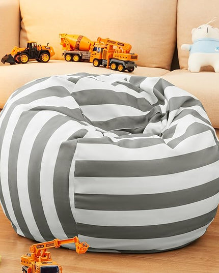 EXQ Home Kids Bean Bag Chairs Cover -Stuffed Animal Bean Bag Storage Grey and White Stripes-Zipper Bean Bag for Organizing Children Plush Toys Holiday Gift for Girl,Boys (XL) - LeafyLoom