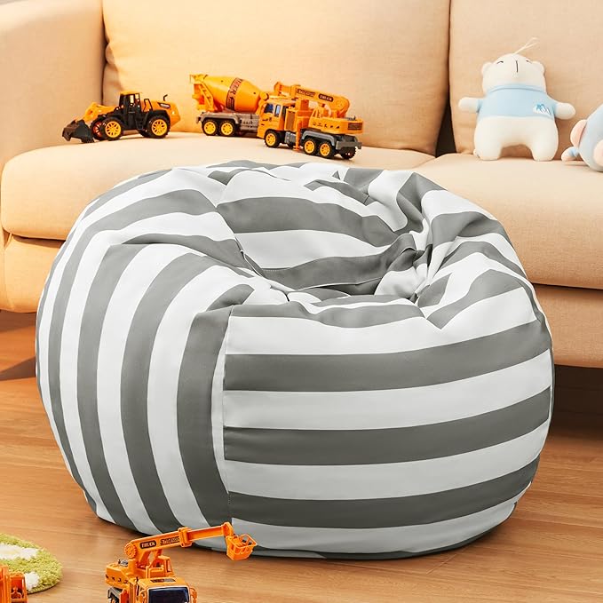 EXQ Home Kids Bean Bag Chairs Cover -Stuffed Animal Bean Bag Storage Grey and White Stripes-Zipper Bean Bag for Organizing Children Plush Toys Holiday Gift for Girl,Boys (XL) - LeafyLoom