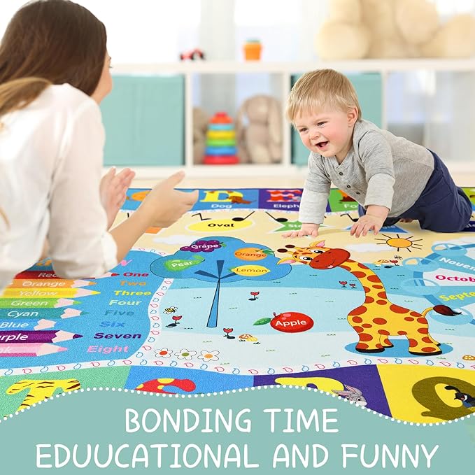 Kids Playroom Rug 4x6 Blue Rugs for Boys Girls Bedroom Child Play Mat Educational and Fun Baby Care Rugs,Learning Rug with ABC Alphabets Animals Shapes No-Slip Carpets for Children Toddler Washable - LeafyLoom