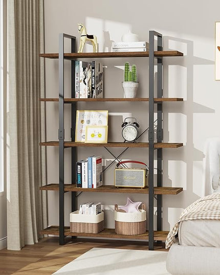 FRAPOW 5 Tier Bookshelf, 70 inch Tall Solid Bookcase Industrial Wooden Bookshelves Large Wall Etagere Rustic Vintage Book Shelf with Metal Frame Open Storage Rack for Living Room Home Office - LeafyLoom