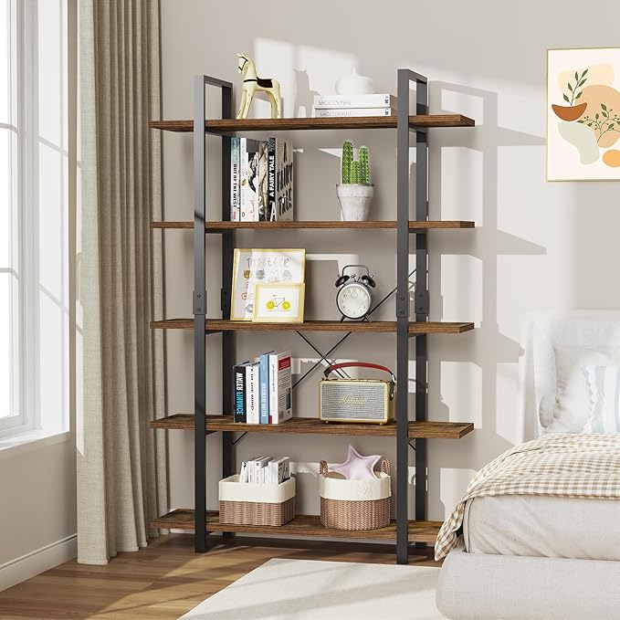 FRAPOW 5 Tier Bookshelf, 70 inch Tall Solid Bookcase Industrial Wooden Bookshelves Large Wall Etagere Rustic Vintage Book Shelf with Metal Frame Open Storage Rack for Living Room Home Office - LeafyLoom