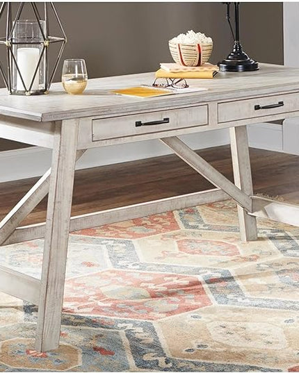 Signature Design by Ashley Carynhurst Farmhouse 60" Home Office Desk with Drawers, Distressed White - LeafyLoom