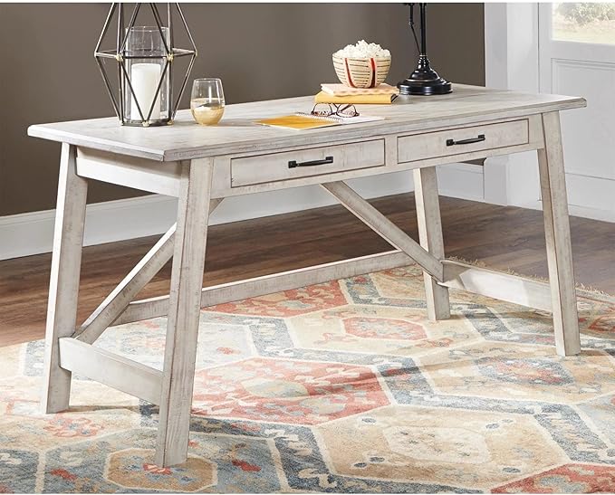 Signature Design by Ashley Carynhurst Farmhouse 60" Home Office Desk with Drawers, Distressed White - LeafyLoom