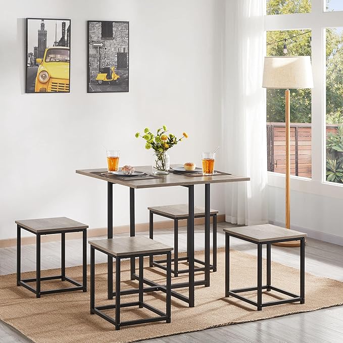 Yaheetech 5-Piece Dining Table Set - Industrial Kitchen & Chairs Sets for 4 Compact with Stools Space-Saving Design Apartment, Small Space, Breakfast Nook, Gray - LeafyLoom