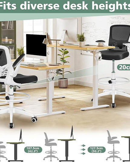 MINLOVE Ergonomic Drafting Office Chair, Tall Office Chair with Flip-up Armrests Executive Ergonomic Computer Standing Desk Chair with Lumbar Support and Adjustable Footrest(White) - LeafyLoom