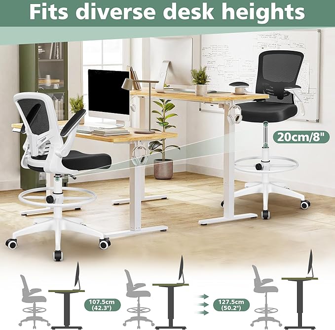 MINLOVE Ergonomic Drafting Office Chair, Tall Office Chair with Flip-up Armrests Executive Ergonomic Computer Standing Desk Chair with Lumbar Support and Adjustable Footrest(White) - LeafyLoom