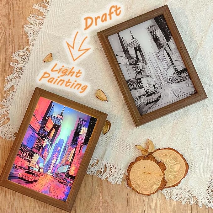 Upgraded Lighting Shadow Art Painting Decoration, Touch Control Color Change Light with Walnut Wood Photo Frame and USB Charging, Excellent Glowing Memoriable Present. (Cyber Time Square) - LeafyLoom