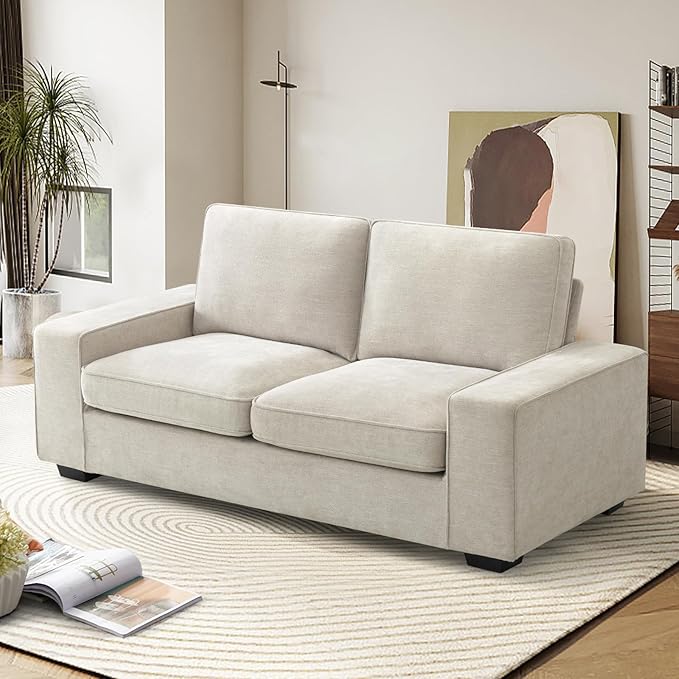 EASELAND 71" Loveseat, Small Chenille Loveseat for Small Spaces, 2-Seater Modern Deep Seat Couch with Removable Back and Cushions, Lounge Sofa for Bedroom with Wood Legs and Fluffy Armrest (Beige) - LeafyLoom
