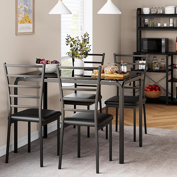IDEALHOUSE Dining Table for 4, Small Table and Chairs Set of 4, Dinette Set for 4, Square Dinner Table Set, 3 Piece Kitchen & Dining Room Sets for Small Space (Glass, Dining Table with 4 Chairs) - LeafyLoom