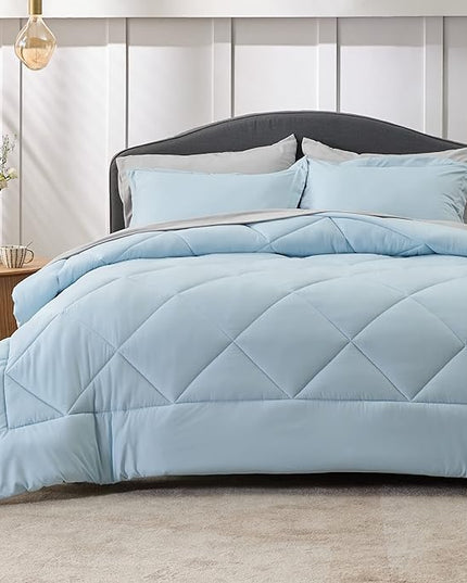 Bedsure Sky Blue King Size Comforter Set - 7 Pieces Reversible King Bed in a Bag King Bed Set with Comforters, Sheets, Pillowcases & Shams, King Bedding Sets - LeafyLoom