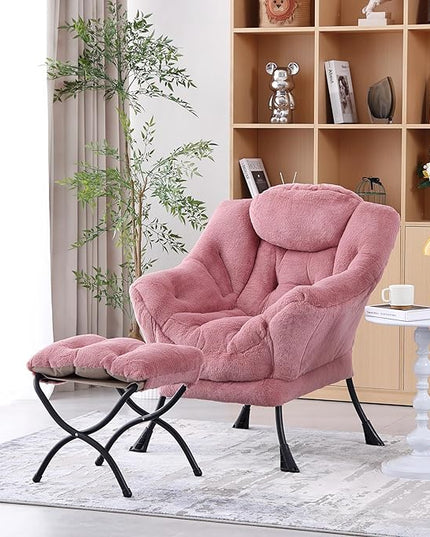 Welnow Lazy Chair with Ottoman, Modern Lounge Accent Chair with Armrests and a Side Pocket, Leisure Sofa Chair Set, Reading Chair with Footrest for Small Space, Corner Chair, Plush Dark Pink - LeafyLoom
