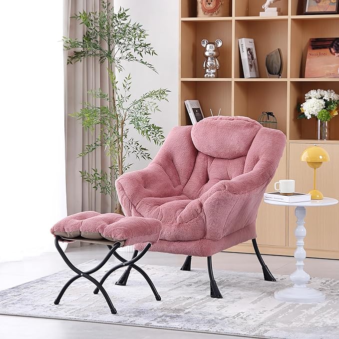 Welnow Lazy Chair with Ottoman, Modern Lounge Accent Chair with Armrests and a Side Pocket, Leisure Sofa Chair Set, Reading Chair with Footrest for Small Space, Corner Chair, Plush Dark Pink - LeafyLoom