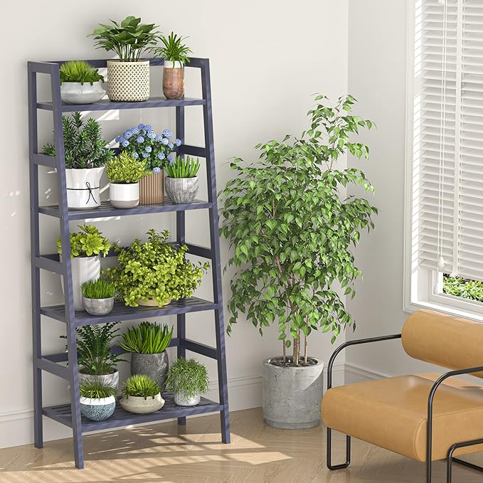 Homykic Bamboo Ladder Shelf 4-Tier Bookshelf, 49.2” Freestanding Open Bookcase Book Shelf Bathroom Storage Shelf Unit Plant Stand for Living Room, Bedroom, Small Space, Home Office, Blue Grey - LeafyLoom