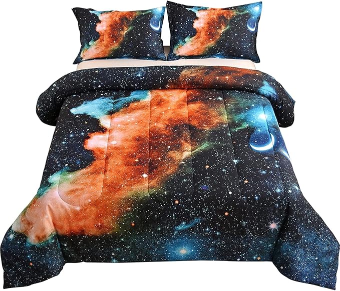 A Nice Night Black and Blue Galaxy Bedding Sets 3D Printed Cloud Quilt Comforter Sets with 2 Bedroom Pillow Covers Twin Size - LeafyLoom