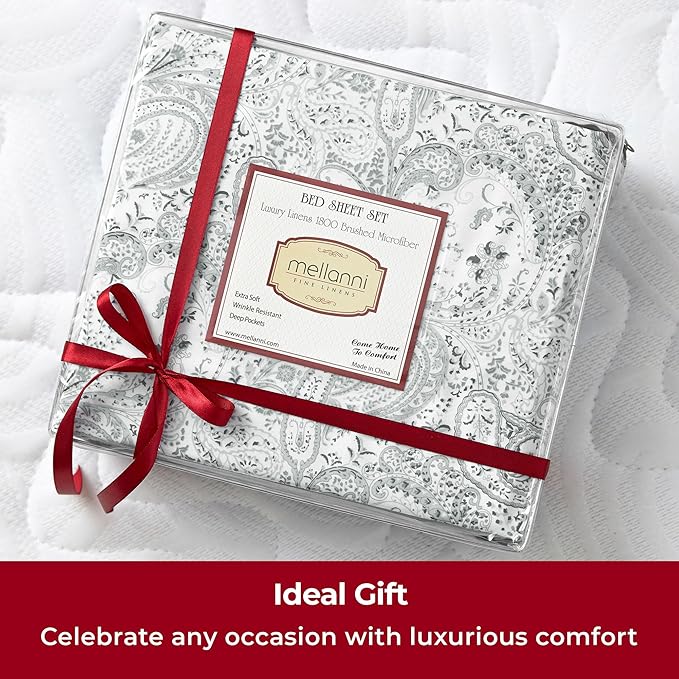 Mellanni California King Sheets Set - 4 PC Iconic Collection Bedding Sheets & Pillowcases - Hotel Luxury, Extra Soft, Cooling Bed Sheets - Deep Pocket up to 16 inch (Cal King, Paisley Gray) - LeafyLoom