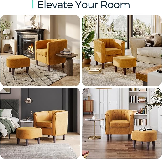 Velvet Accent Chair, Barrel Chair with Ottoman, Modern Comfy Reading Chair Armchair for Living Room Study Room Office, Yellow - LeafyLoom